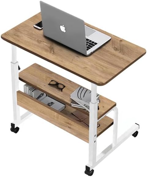 Yükseklik Ayarlı Ve Çift Raflı Laptop Sehpası Ve Çalışma Masası - Çam Beyaz (Tekerli) 70x40
