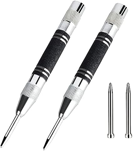 2 Pack Automatic Center Punch, 5 Inches Black Spring Loaded Center Hole Punch, Adjustable Tension Impact Auto Center Punch Tool, with 2 Replacement Tips, Hand Tool for Metal or Wood