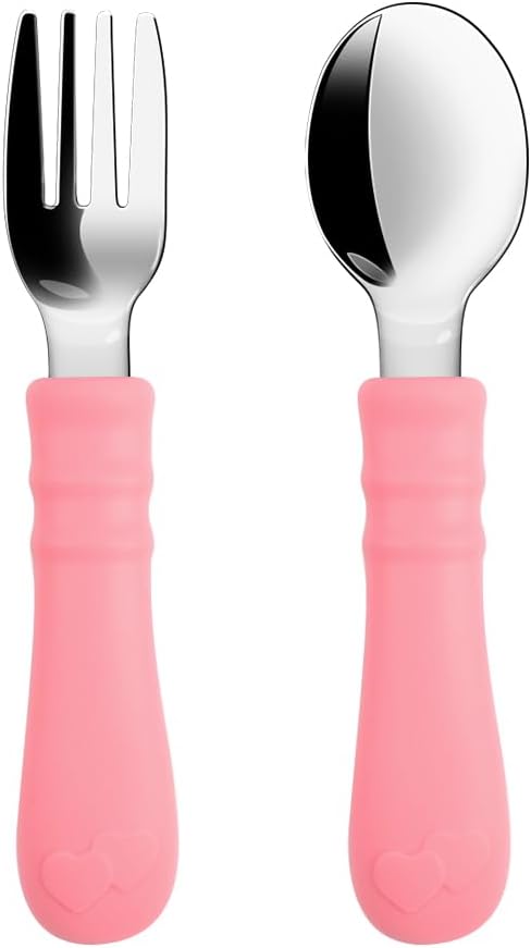 Silikon Saplı Paslanmaz Çelik Bebek Kaşık Çatal Seti (Açık Pembe)