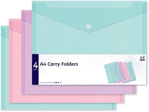 A4 Carry Folders 4 Pack Mixed Pastel Colours Document Wallet