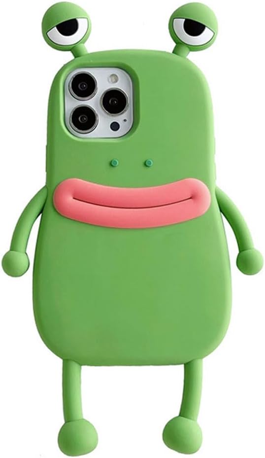 メンズ レディース 超面白い ノベルティ ホットドッグ ソーセージ 口 大きな目 グリーン カエル ピンク カエル スマホケース ソフト TPU シリコン ラバー フォンカバー iPhone 16 Pro Max対応 全身保護 - グリーン