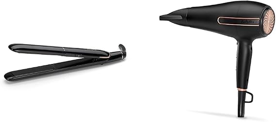 BaByliss Rose Lustre 230C Hair Straighteners, Ceramic Plates, Digital Settings 180°C - 230°C & Super Power 2400W Hair Dryer, Salon AC Professional Motor, Strong Fast Drying Airflow Black