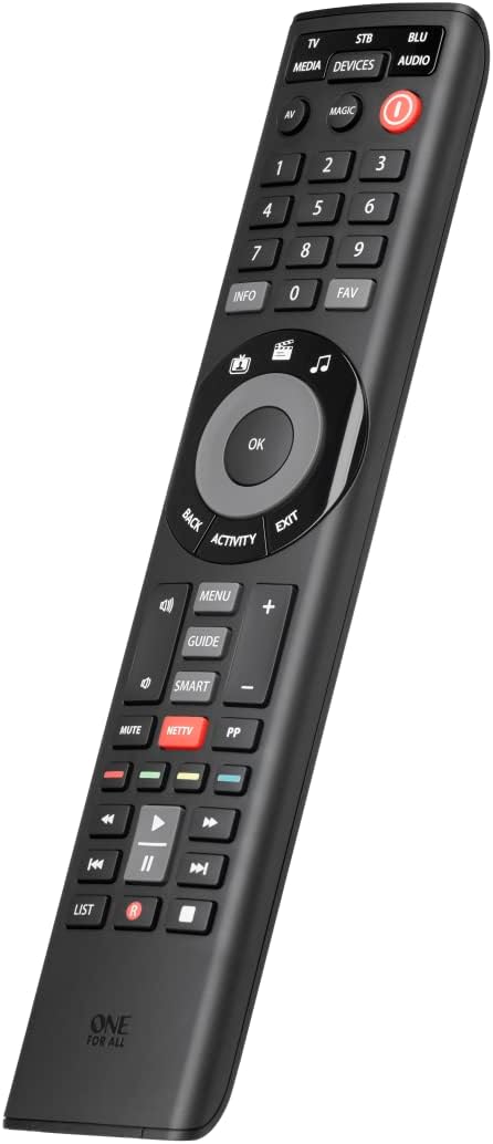 One For All Smart Control 5 - Universal remote for 5 devices (TV, Sat/Cable/DVB-T, Blu-ray, Audio, Sound bar, streaming) - free Setup App and unique NETTV key - Learning remote - URC7955 - Black