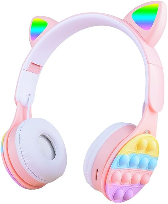 PSR Aksesuar B30 Bluetooth Kulaklık | RGB LED Işıklı Kedi Kulağı Tasarım, Pop It Kulaklık Yüzeyi, Katlanabilir ve Ayarlanabilir Kablosuz Kulak Üstü Kulaklık (Pembe)