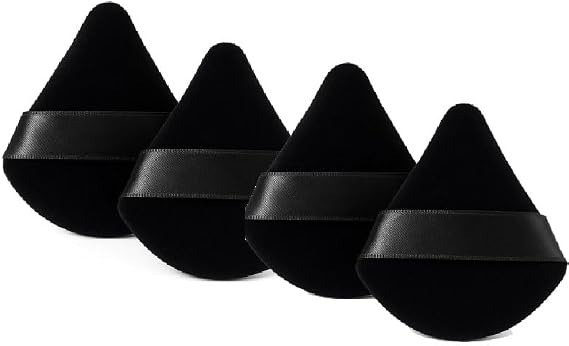 4 Pack Triangle Powder Puff for Face Makeup, Soft Reusable Foundation Sponges with Strap for Wet and Dry Use, Ideal for Loose & Pressed Powder (Black)