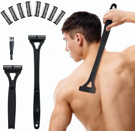 Back Shavers for Men with Foldable Long Ergonomic Handle: DIY Hair Shaver, Replaceable Safety Blade & Portable Razor Groomer for Men, Wet & Dry Shaving-Black