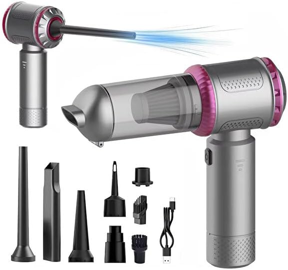 Kablosuz Mini Araç ve Ev El Süpürgesi – 3 Kademeli Güçlü Emiş, Vakum + Hava Üfleme 2’si 1 Arada – Çoklu Nozul Seti, HEPA Filtre, Düşük Gürültü, USB Type-C Şarj – Araba, Klavye, Ev Temizliği