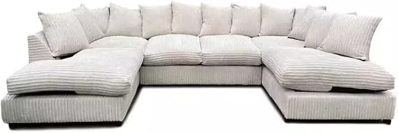 Jumbo Cord U Shaped Sofas - Washable Fabric Corner Sofa Grey - Comfortable 3 and 2 Seater Scatter Back - Large U Shape Bishop Modular Settee - Sofa Bed for Living Room Lounge (Cream, Scatterback)
