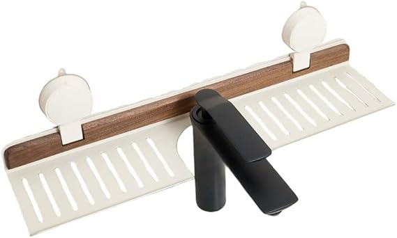Shower-Caddy, Suction Shower-Caddy, Wooden Faucet Storage Rack with Suction Cup, Walnut Sink Shelf for Bathroom, No Drill Organizer Tray(40cm-white)