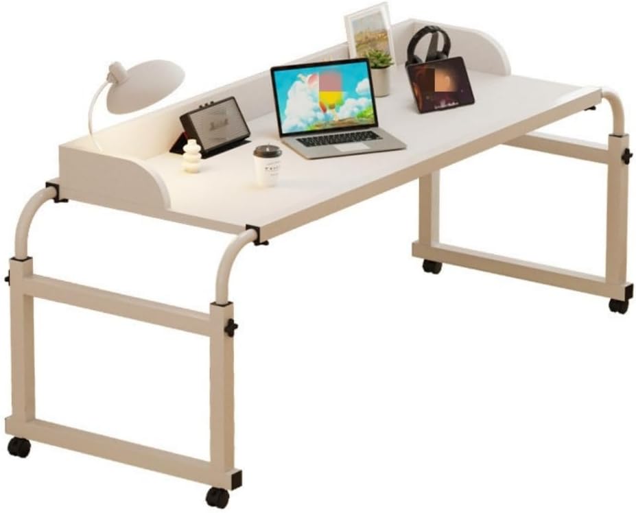 Height Adjustable Folding Bed Table Rolling Movable Bedside Storage Table Notebook Computer Stand Student Desk Bedroom Multipurpose Table Easy to Move White, L120-210cm x W44cm x H65-69cm