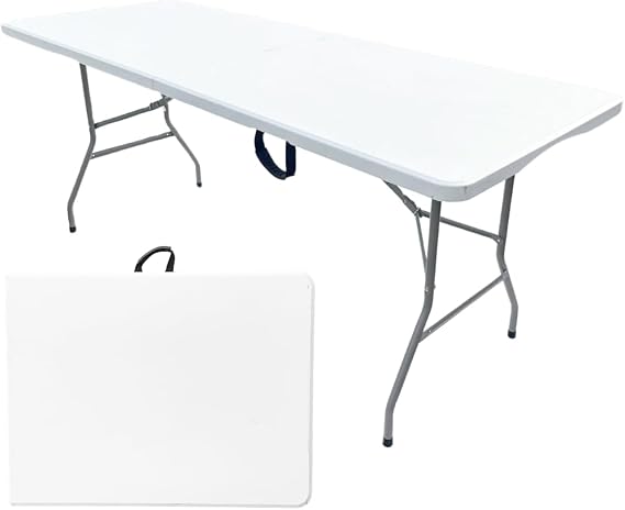 6ft Plastic Folding Trestle Table - Sturdy Indoor & Outdoor Solution for All Occasions - 150kg Capacity- Easy Setup, Folds in Half for Compact Storage, Portable with Carry Handle