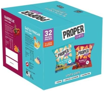 PROPERCHIPS - 32 Pack Salt & Vineger, Barbeque Lentil Chips Multipack Vegan Gluten Free 16 x Salt Vineger, 16 x Barbeque Party Snack, School Birthday, Office Snacks