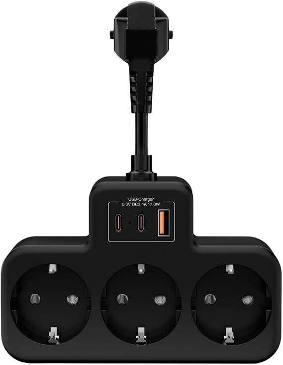 Vetech Akım Korumalı Grup Priz Duvar Tipi 3x Priz, 2x Type-C, 1x USB Port Çıkışlı Çoklu Priz (Siyah)