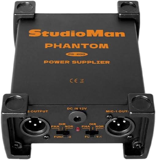 Studioman PS200 Professional 2-Channel Phantom Power Supply, Black, Dual XLR Input/Output, 12V/24V/48V Switchable Power