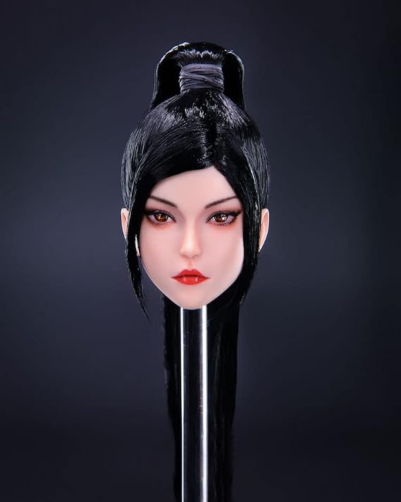 1/6 Scale Female Head Sculpt Asian Beauty Girl Black Hairf Head Carved Carving for 12" Action Figure Pale Body Doll Toy (A)