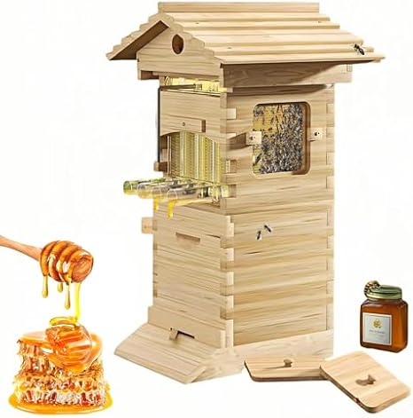 Beehive Starter Kit with Observation Window & Honey Spout, Complete Bee Box for Beekeeping, Includes Carpenter Bee House for Garden Pollinators