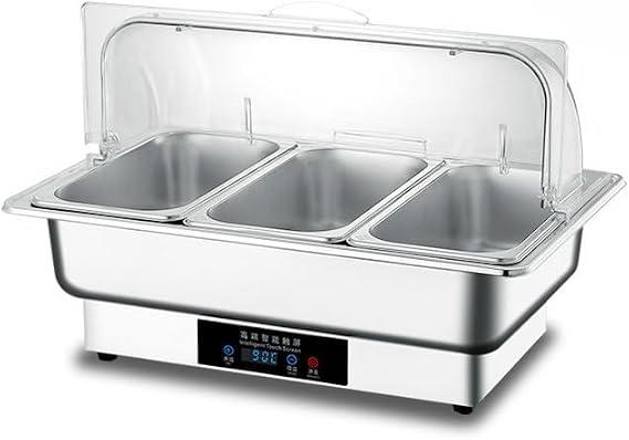 ビュッフェサーバー 9l 業務用電気フードウォーマー ステンレス製 電気加熱ビュッフェトレイ 湯煎式保温器 温度制御 ホテルレストラン用 厚手スクエアブッフェ炉 フードボウル対応 スマートタッチ操作 110v 9 L,深さのある 3 つのコンパートメントを備えた透明なフリップ カバー