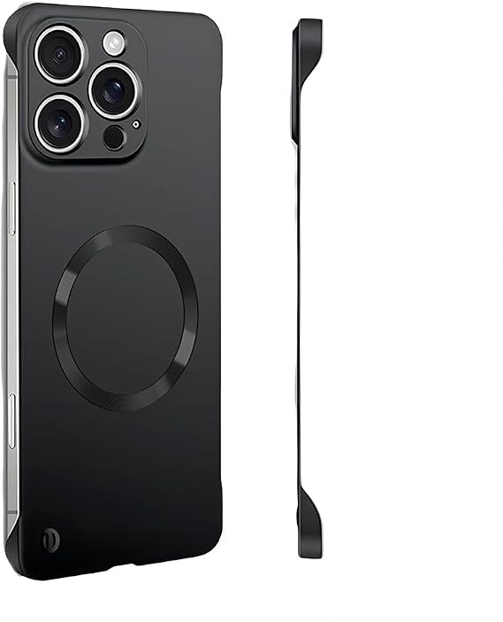 iPhoneケース、高級磁気メタルグロスマット超薄型フレームレス、MagsafeスリムハードPC保護耐衝撃携帯電話ケースブラック、iPhone 15 Pro Max対応