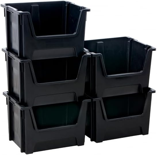 BiGDUG Essentials Large Stacking Pick Bin - 320H x 495W x 390D mm - 50L Capacity Plastic Storage Boxes (Black, Pack of 5)