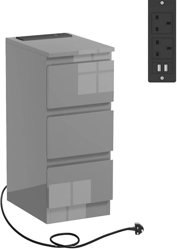 Menaka 25CM Narrow Bedside Table 3 Drawers Cabinet with Charging Station, Slim Side Table Bed Nightstand with 2 USB Ports & Power Sockets for Bedroom Living Room (grey)