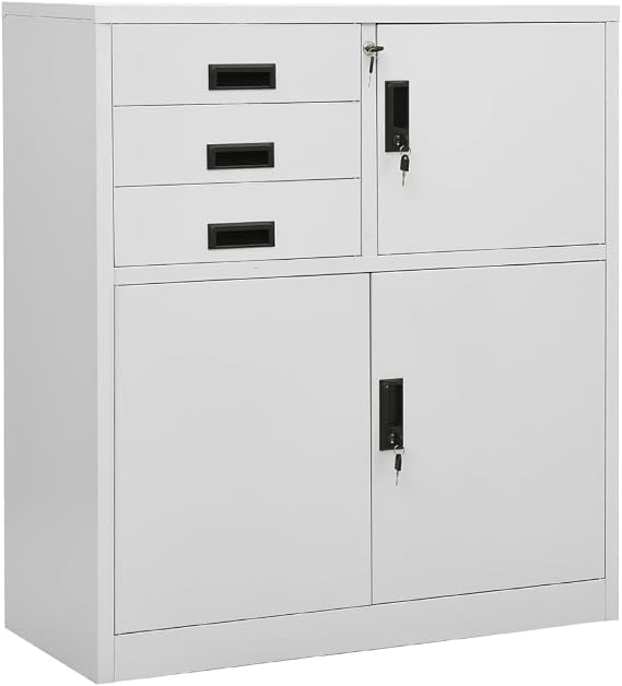 Generisch Ofis dolabı, açık gri çelik, 90 x 40 x 102 cm, 3 çekmeceli ve ayarlanabilir raflı saklama dolabı, taşıma kapasitesi: 90 kg, ofis ve ev için dosya dolabı