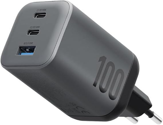 Energea AmpCharge Mini 100 2 Adet 100W Type-C ve 1 Adet 30W USB Çıkışlı PD PPS QC 3.0 GaN Hızlı Şarj Aleti - Siyah