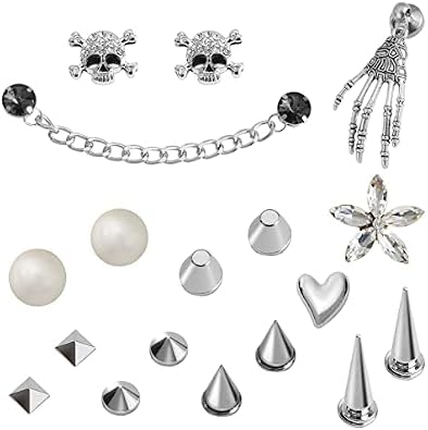 Pwsap Cool Punk Shoe Charms with Chain for Shoes, Rivet Spike Bear Robot Diamond Flower Metal Shoe Decoration Charms fit Clog Sandals, Y2K Goth EMO CLOG Charms Accessories