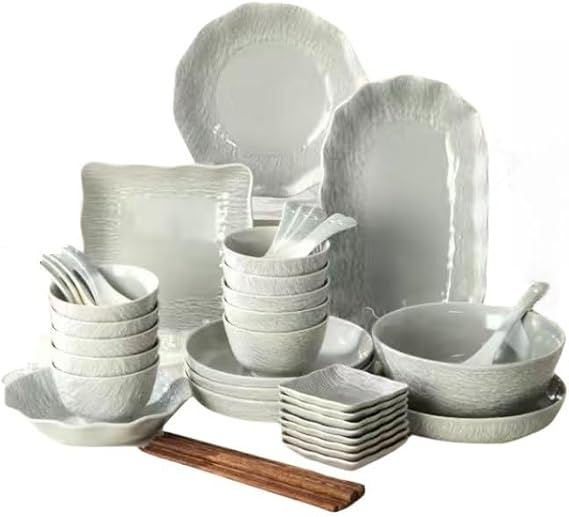 Luxury Modern Grey Ceramic Dinnerware Set 38/42/48 Pieces Household Dinner Plates Chopsticks 8/10 People Porcelain Living Alone Bowl Dish Salad Bowl Small Pot Wedding Gift Microwave Warmer Dishwasher Safe