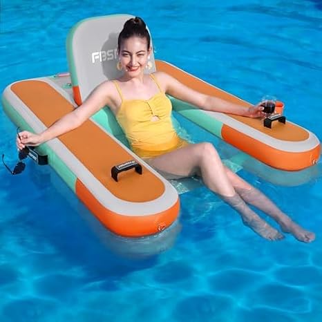 FBSPORT Inflatable Pool Float Chair for Adults, Water Floating Lounger Pool Float Raft with Cup Holder and Backrest for Swimming Pool, Lake, Party and Beach