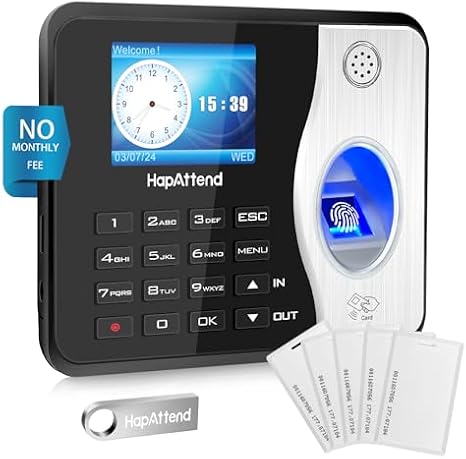 Clocking in Machine - Standalone Card Scanner Attendance Machine with 15 RFID Cards, H3 Fingerprint Time Clocks for Employees Small Business Automatic Calculate Hours(0 Monthly Fees)