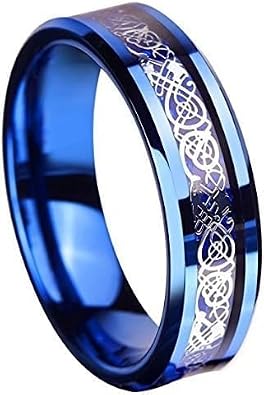 8mm 炭化タングステンリング シルバーリング ケルトドラゴン ブルー カーボンファイバー インレー 結婚指輪 サイズ6-13 7、ブルー