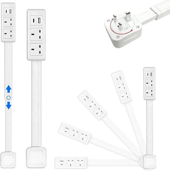 Expandable Rotary Socket, Extension Socket Features USB-A USB-C & 2 AC Outlets, Outlet Extender UK, Extends 17"-27" Rotates 180° Plug Extension Plug, Hard-to-Reach Outlets in Narrow Places