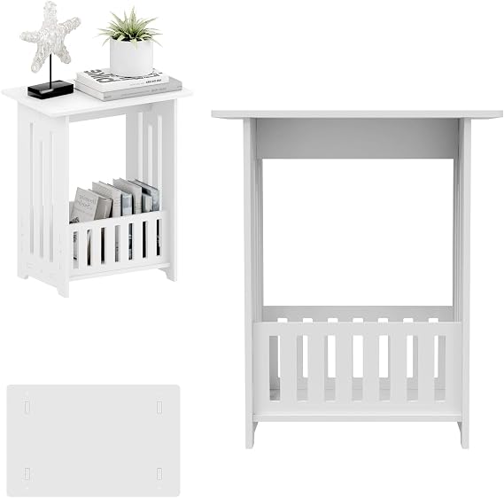 AutoBaBa Narrow Side Table, Slim Small Table, 2 Tier End Table Living Room, Modern Thin Side Table for Living Room, Bedroom, Sofa, Small Nightstand with Magazine Rack, Save Space