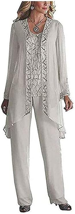 Women's 3 Pieces Chiffon Dress Mother of The Bride Pants Suits with Beaded Jacket Wedding Outfit Evening Gown