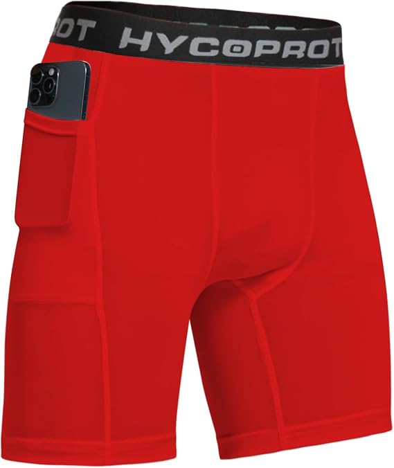 HYCOPROT Mens Compression Shorts with Phone Pockets Sports Underwear Athletic Performance Base Layer Shorts Quick Drying Workout Running Active