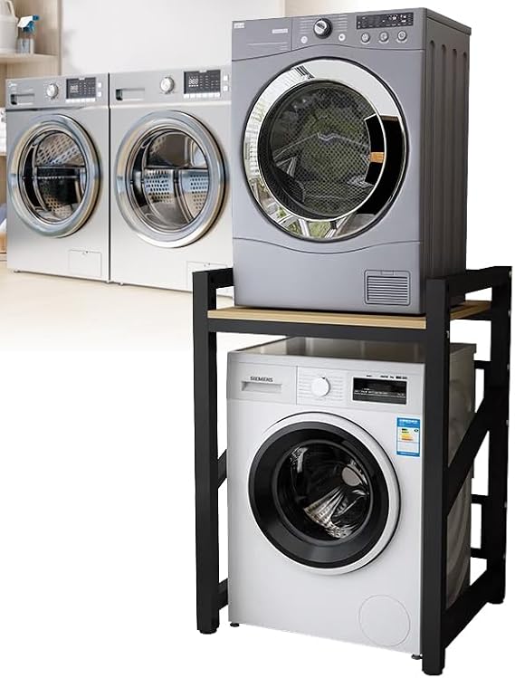 Washing Machine Stand Stacking Kits, 3 Gear Height Adjustable Washer Dryer Stacking Kit, Tumble Dryer Stacker Unit, 660lbs Max Load, 4X4cm Thick Metal Frame, for Bathroom Laundry Room (Black A)