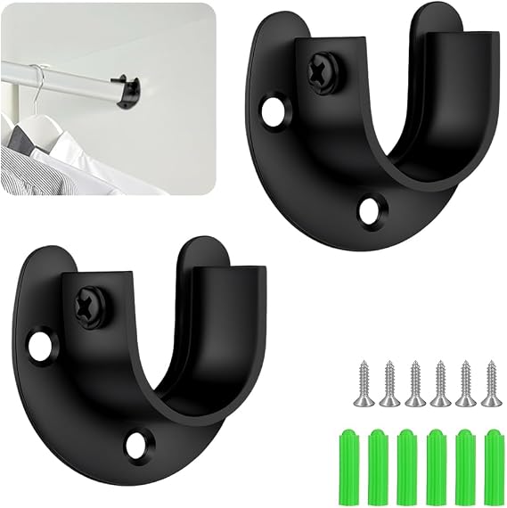 2 Pack Wardrobe Rail Bracket, Closet Rod Brackets(25mm,Black)