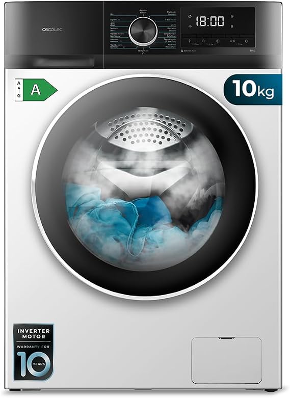 Cecotec Washing Machine 22 lbs Front Load Bolero Dresscode 10500 Inverter A. 1950W, 1400 rpm, Inverter Plus Motor, Low Consumption, 16 Programs, Steam Wash, Delay Start, White [Energy Class A]