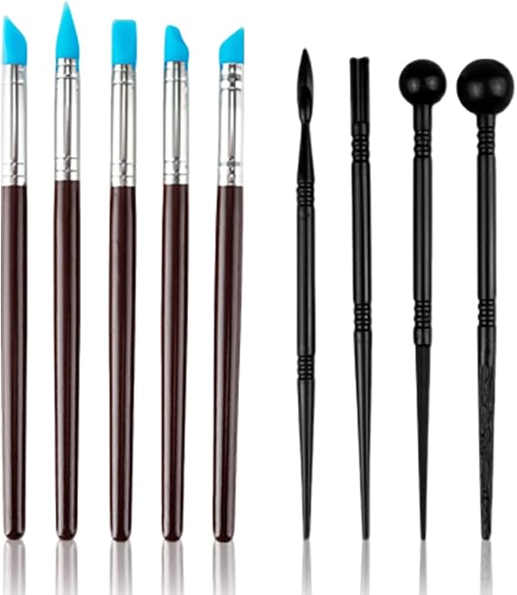 Clay Tools, Pottery, Dowel, Silicone Brush, Clay Tools, Set of 9, Clay Carving Tool, Clay Craft, Round Spatula, Set of Clay Tools, DIY, Nail Art, Modeling/Sculpture, Beginners, Spatula, Approx. 6.7