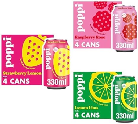 poppi Strawberry Lemon + Raspberry Rose + Lemon Lime Sparkling Soda, low sugar, ingredients you can love, high fibre, low calories
