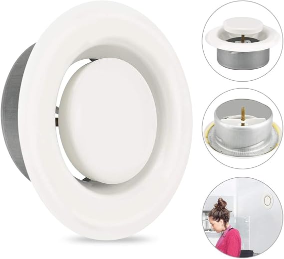 Round Ceiling Vent Adjustable Air Valve Grill Ventilation Ducting Hose Cover Bathroom Wall Vent Cover Metal Extractor Fans Grille for Bathroom Office Kitchen, White (100mm 4" Dia)