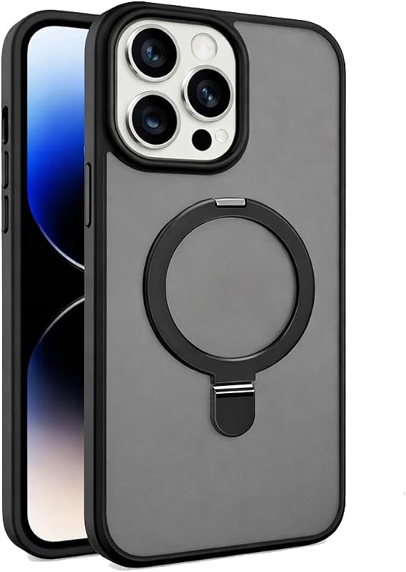 Coverzone iPhone 14 Pro Max ile Uyumlu Mat Transparan PhaqntomRing MagSafe Destekli Standlı Kılıf, Kamera Lens Hediyeli Darbe Emici Şık Tasarım Black
