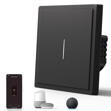 BSEED Smart Light Switch,WIFI Mate Wall Switch with Led Indicator,Remote Control,Voice Control,Timer Function,1 Gang 1 Way,Black 86mm
