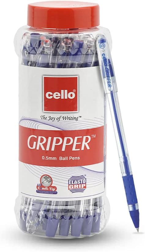 Cello Gripper Blue Ballpoint Pen, 25-Pack with Reusable Jar, Fine Writing Experience, Soft Grip, Transparent Barrel, Button Closure, 0.5mm, Water-Based Ink, Cylindrical, Ambidextrous