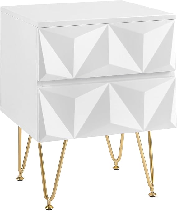 EUGAD Bedside Table, Nightstand with 2 Drawers, 3D Front, Metal Legs, 40x40x53cm, White Chest of Drawers for Bedroom/Living Room/Study, 0001CTG