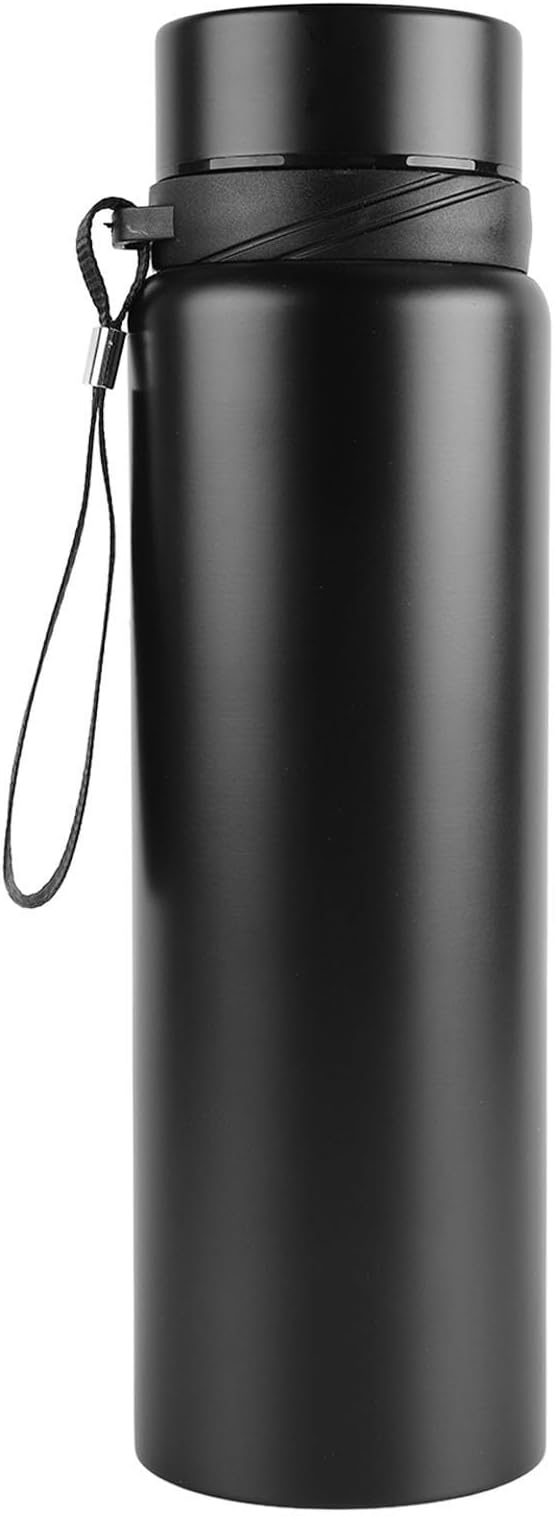 Black Thermal Flask with Intelligent Temperature Display, 34OZ/1L Insulated Water Bottle, Portable Stainless Steel Water Bottle with Strap, Smart Water Bottle for Home, Sports, Outdoor