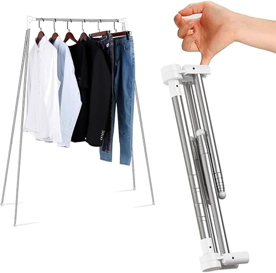 Portable Clothes Rack Folding Clothes Rail, Travel Garment Rack Collapsible Clothing Rack, Foldable Small Clothes Airer for Dance, Travel, Camping, Vendors, RV, Indoor Outdoor, White+3Hangers
