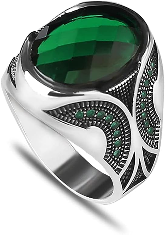925 Sterling Silver Men Silver Ring with Emerald GemStone, Handmade Engraved Signet Ring, Gift for Him, Minimalist Silver Ring
