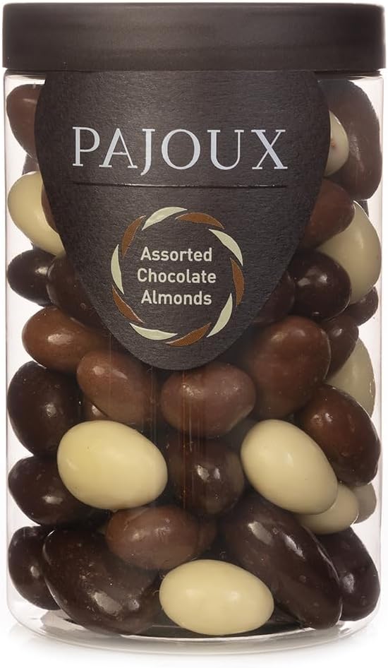 Pajoux Assorted Chocolate Almonds (Large) 280g | Dark, Milk and White Chocolate Covered Almonds - Whole Almond Nuts - Palm Oil Free - Chocolate in a Gift Jar