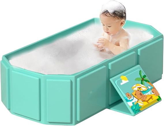 Foldable Bathtub for Children, Collapsible Toddler Bath Tub, Foldable Baby Bath for Ages 0-8, Portable Folding Baby Bath Tub with Drain Plug, All-in-One Design, for Travel, Easy Storage (Cyan)